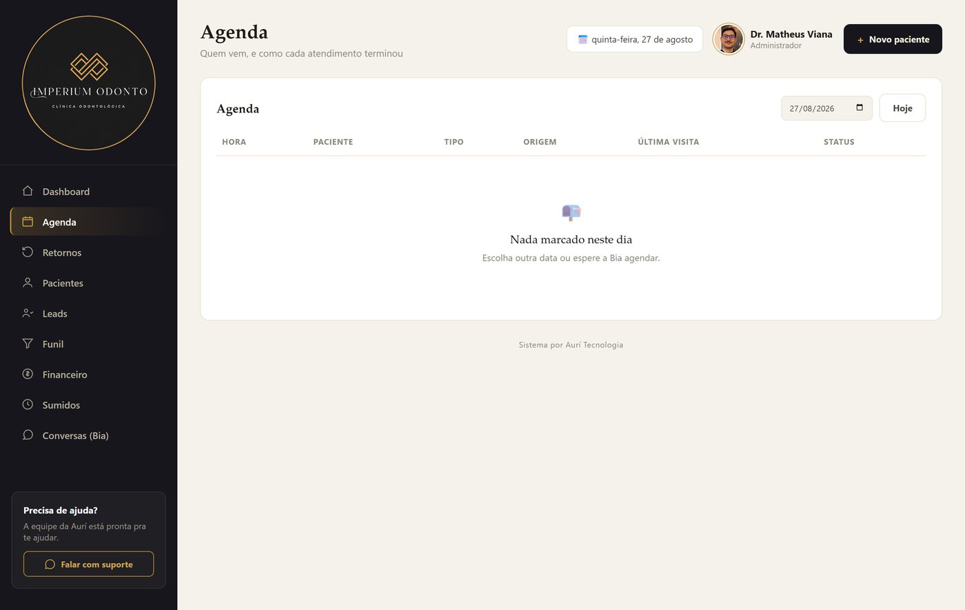 Agenda do dia com horário, paciente, tipo de consulta e status