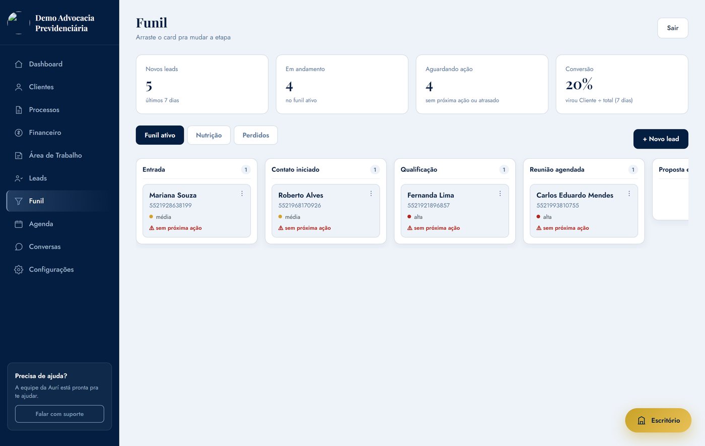 Funil kanban com leads organizados por etapa: entrada, contato iniciado, qualificação, reunião agendada
